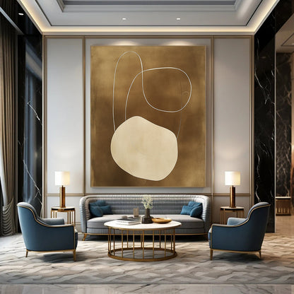 Contemporary hand-painted abstract artwork features organic shapes and connecting lines in earthy tones on a dark beige background, showcasing elegant simplicity. DLZ0861