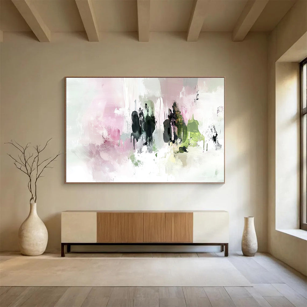“Pink and Green Abstract Drips” - Pink, Green, Dripping Textures Painting On Canvas HB0868