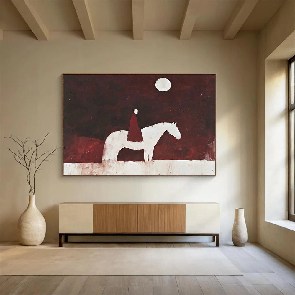 “Moonlit Rider on White Horse” - Dark Red, White, Figurative, Night Sky Painting On Canvas HB0772