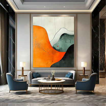 Contemporary hand-painted abstract art featuring orange white grey and black shapes with watercolor splashes on canvas texture in UHD quality. DLZ0803