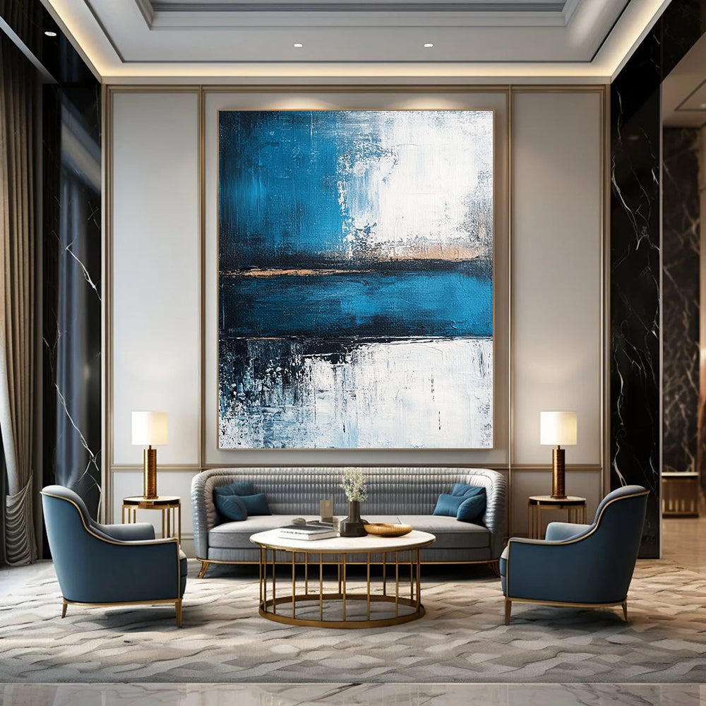 Contemporary abstract painting showcasing a serene blue sea with deep gray strokes and light white accents, evoking tranquility and strength. DLZ0360