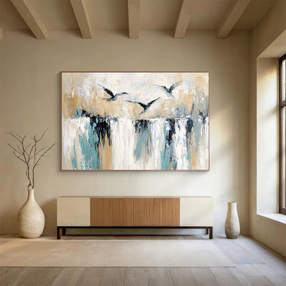 “Birds Over Textured Landscape” - Beige, Teal, Black, Bird Silhouettes - Painting On Canvas HB1412