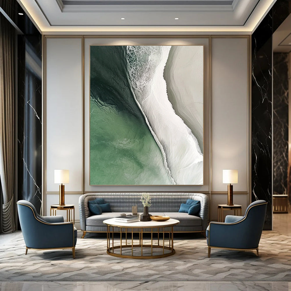 Contemporary hand-painted abstract artwork featuring a stunning beach scene with flowing water in white and green colors, capturing cinematic details and natural lighting. DLZ0840