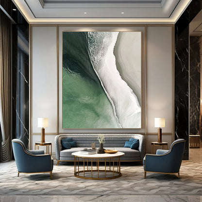 Contemporary hand-painted abstract artwork featuring a stunning beach scene with flowing water in white and green colors, capturing cinematic details and natural lighting. DLZ0840