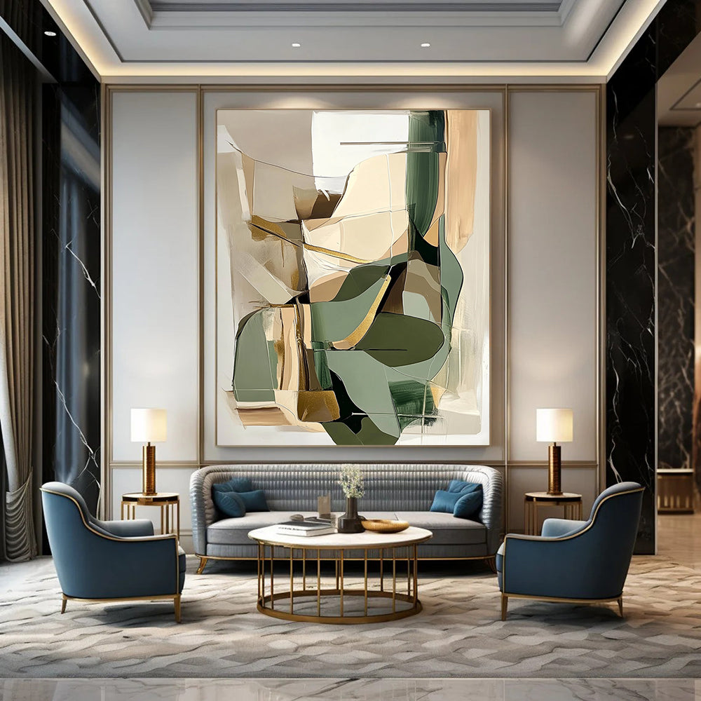 Contemporary hand-painted abstract artwork featuring beige and sage green shapes with gold accents perfect for modern interior design. DLZ0793