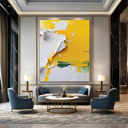 Contemporary hand-painted abstract artwork features vibrant yellow and white textures on a pure white background showcasing intricate impasto techniques. DLZ1185