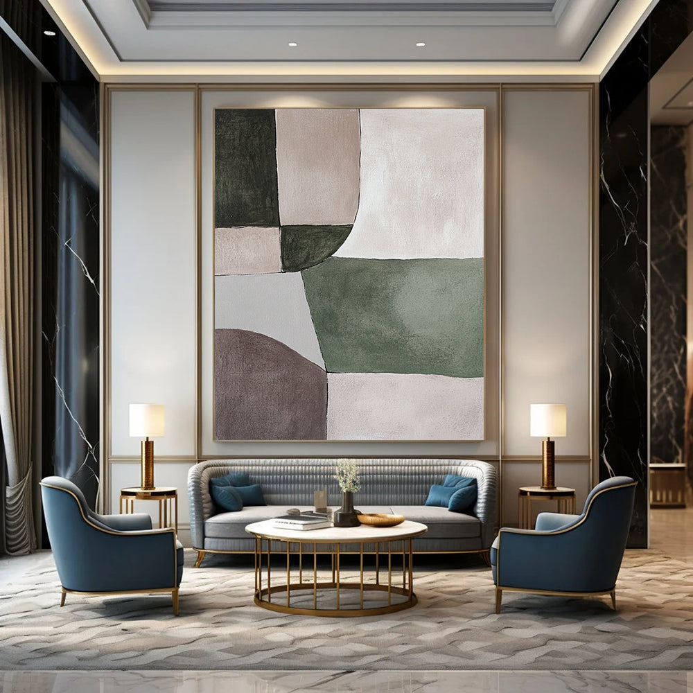 Contemporary abstract painting featuring serene green and grey shapes on a soothing beige background, perfect for minimalistic decor. DLZ0881