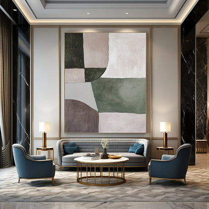 Contemporary abstract painting featuring serene green and grey shapes on a soothing beige background, perfect for minimalistic decor. DLZ0881