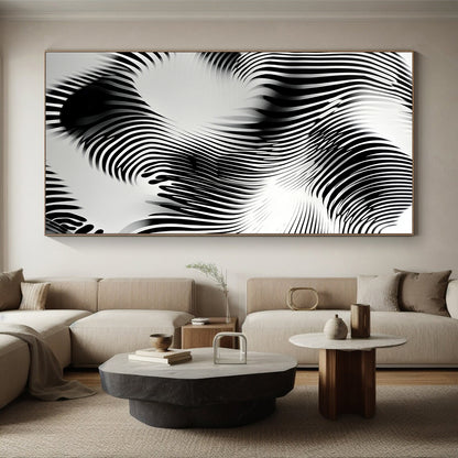 Black and White Wavy Lines "Optical Flow" Painting On Canvas HB263