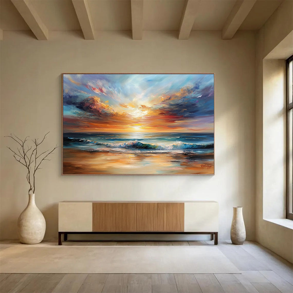 Golden - Hued Sea Sunset with Vibrant Skies - Impasto Seaside Painting On Canvas HB0444