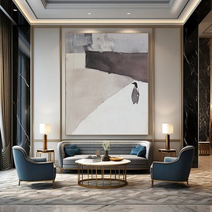 Contemporary hand-painted abstract artwork featuring an elegant white and gray landscape with a penguin silhouette and serene negative space. DLZ1725