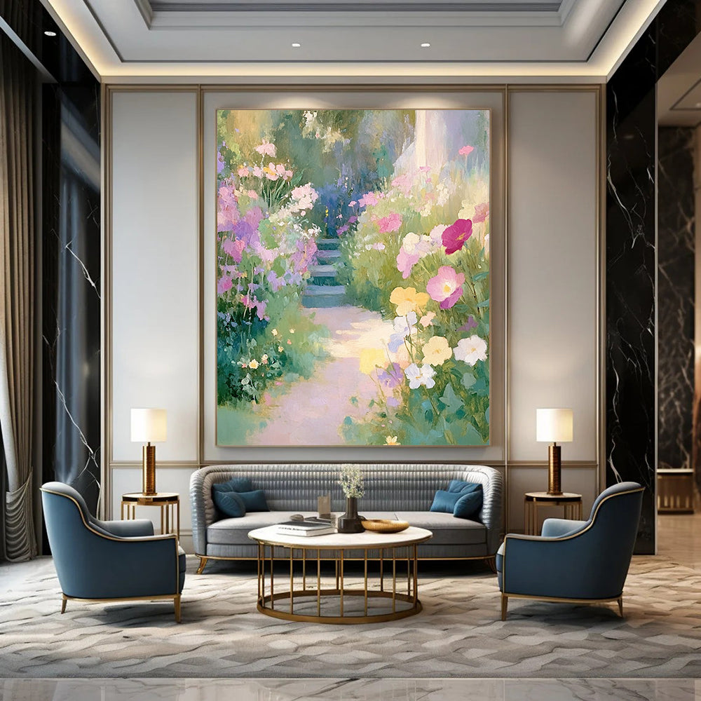 Contemporary hand-painted abstract art featuring an English garden with pastel wildflowers and a winding path leading to lush greenery. DLZ1502