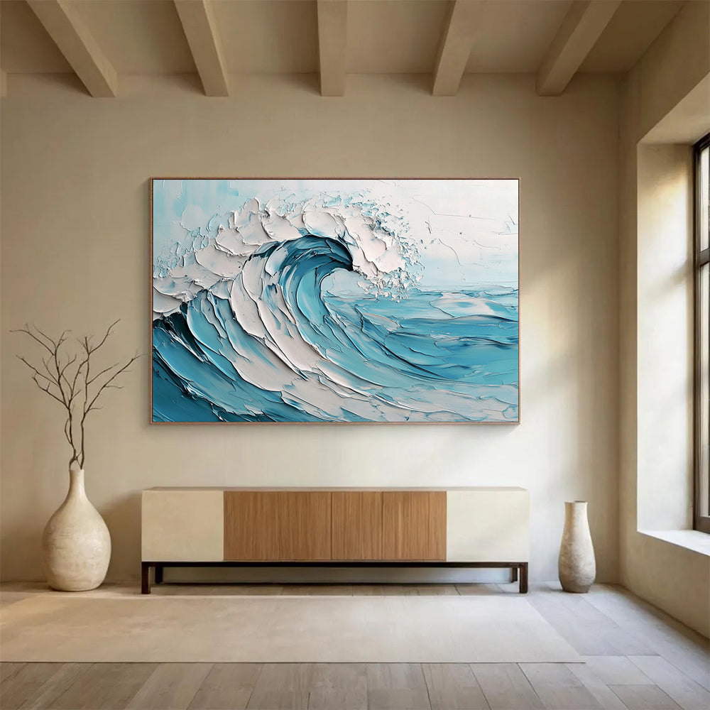 Blue and White Textured Wave "Crashing Serenity" Painting On Canvas HB0419