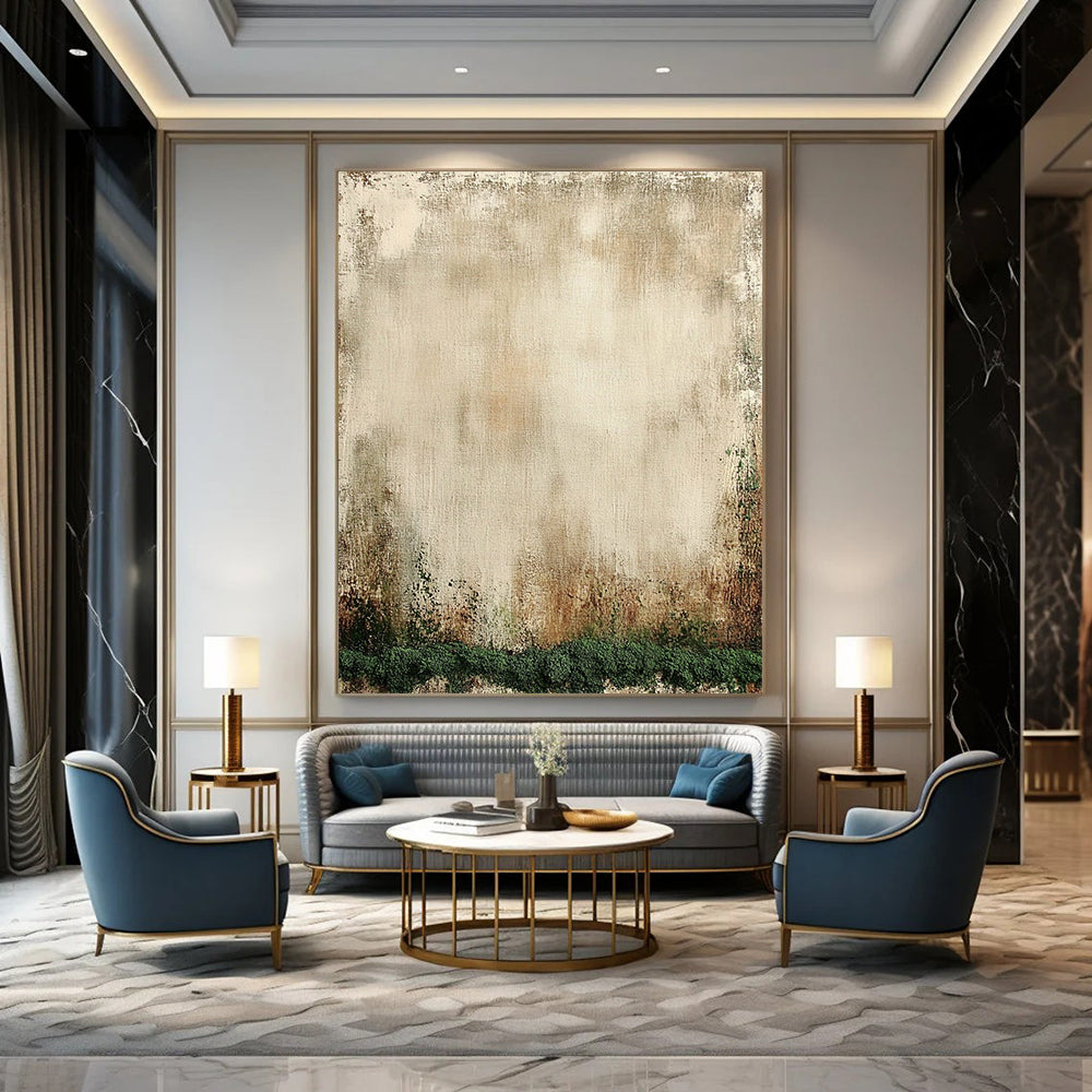 Contemporary hand-painted abstract artwork featuring aged beige canvas, mossy texture, distressed edges, and soothing neutral tones. DLZ1136