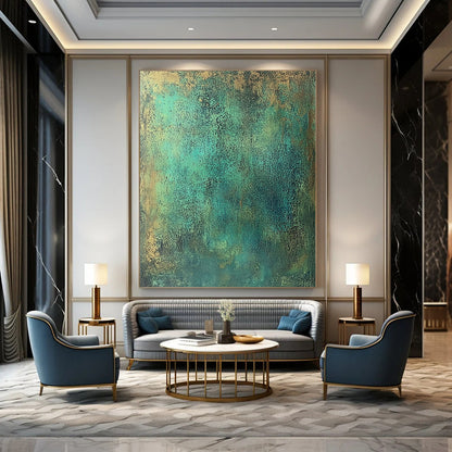 Large contemporary abstract painting featuring textured green metal tones with blue-green and brown speckles evoking strength and history reminiscent of ancient copper armor. DLZ1164