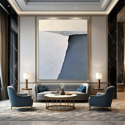 Contemporary large abstract painting features serene gray-blue and white iceberg forms with soft brushstrokes balanced on a flat gray base. DLZ1006