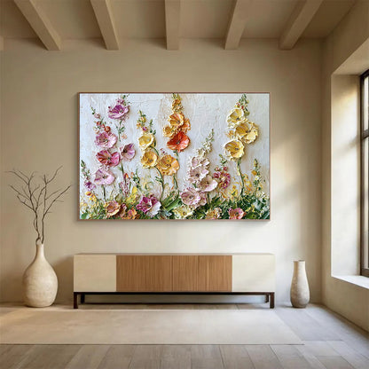 “Textured Floral Burst” - Pinks, Yellows, Purples, 3D Flower Relief - Palette Knife Floral Painting HB1558