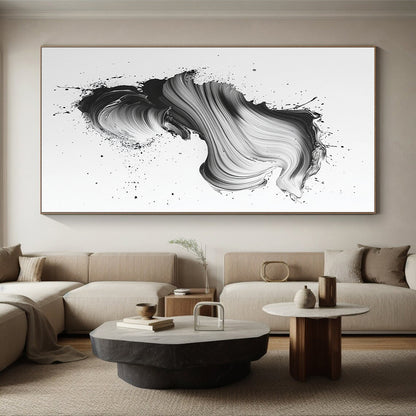 Black & Gray Swirled Brushstrokes on White - “Textured Ink Flow” Painting On Canvas HB220