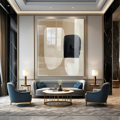 Contemporary abstract painting featuring large beige and white shapes with negative space and a central black form reflecting windows on a glass surface. DLZ1631