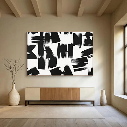 “Chaotic Black - White Brush Marks” - Black, White, Dynamic Marks Painting On Canvas HB0805