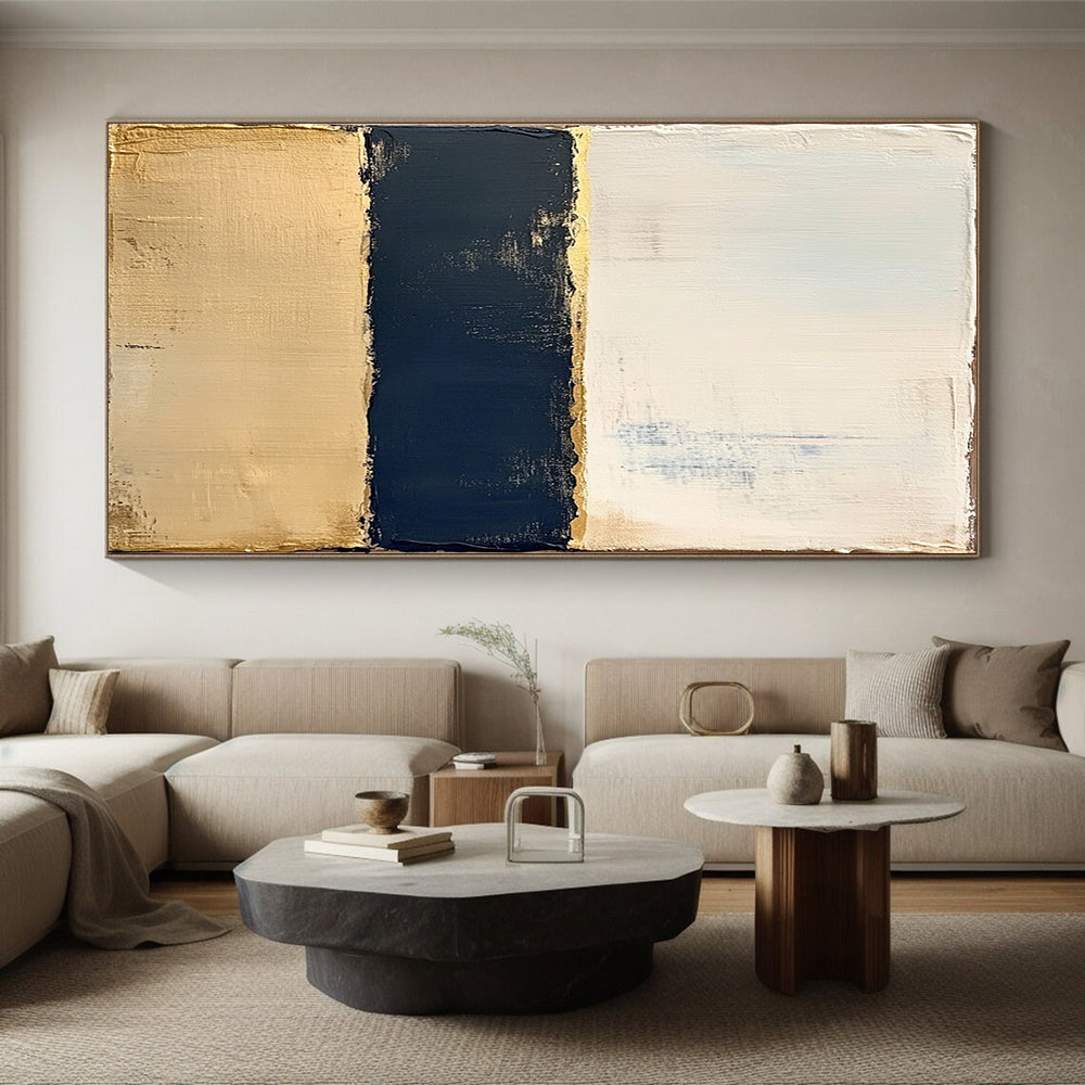 Beige, Gold, Navy, Horizontal Layers "Gilded Nautical Bands" Abstract Coastal - Inspired Painting On Canvas HB166