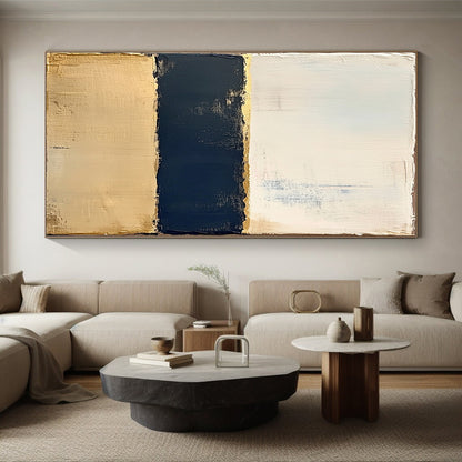 Beige, Gold, Navy, Horizontal Layers "Gilded Nautical Bands" Abstract Coastal - Inspired Painting On Canvas HB166