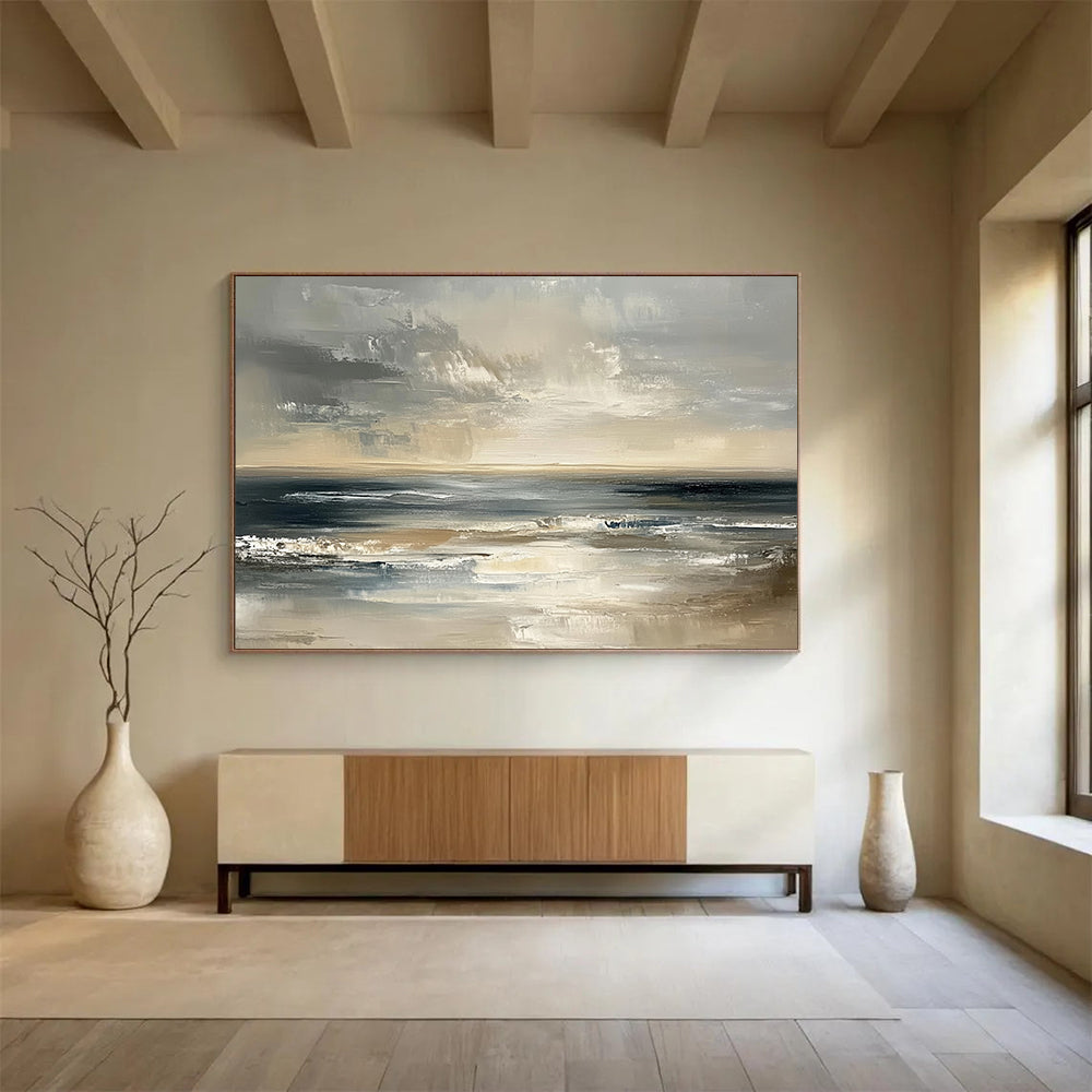 “Moody Ocean Horizon” - Greys, Browns, Blues, Dramatic Ocean - Impasto Oil Painting HB1603