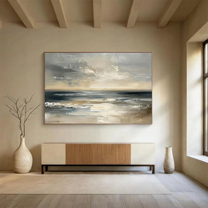 “Moody Ocean Horizon” - Greys, Browns, Blues, Dramatic Ocean - Impasto Oil Painting HB1603