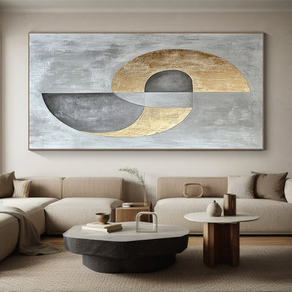 Gray, Silver and Gold Geometric Abstraction "Harmonious Circles" Painting On Canvas HB398