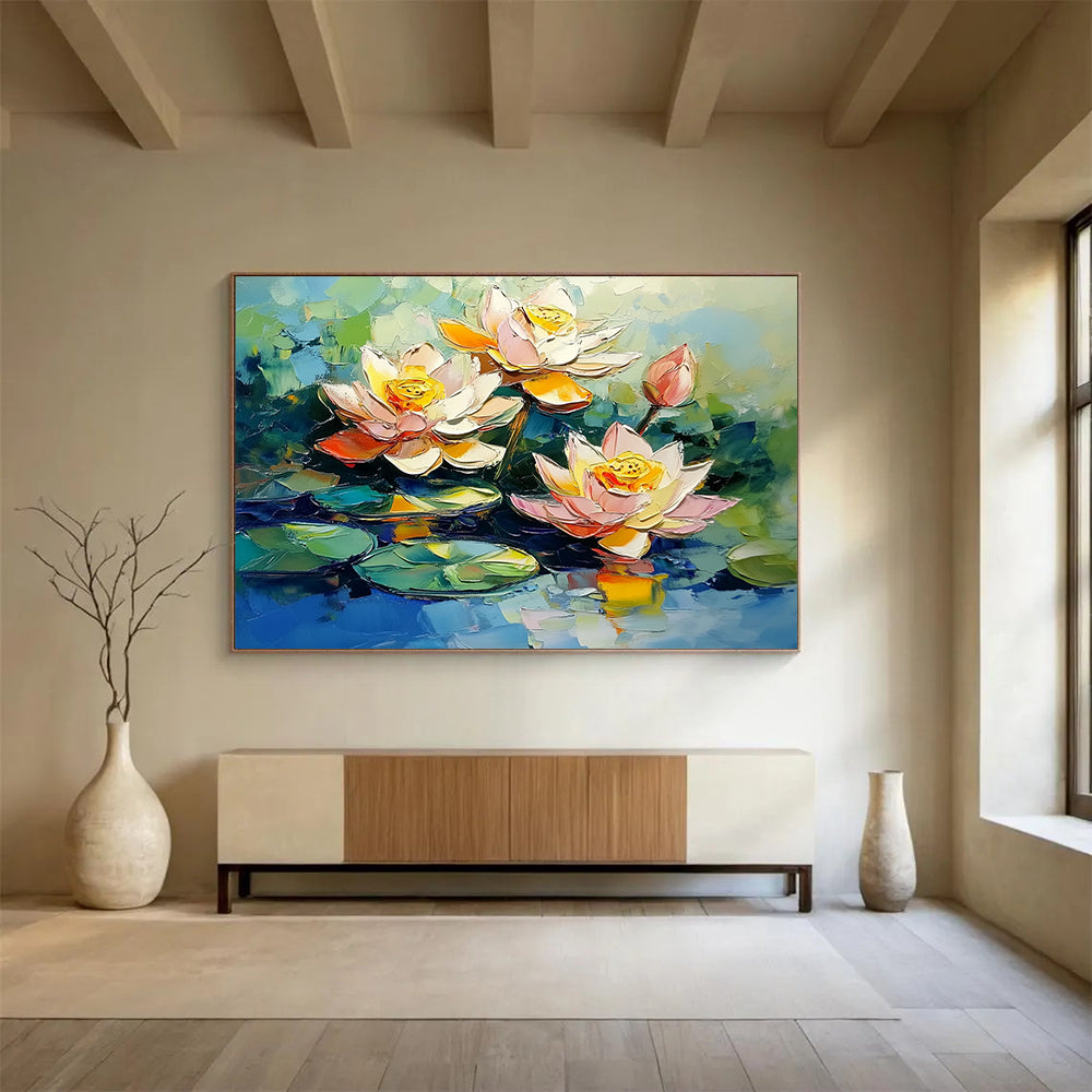 “Impasto Lotus Blossoms” - Pink, White, Yellow, Green, Blue, Thick - textured Lotus Flowers on Water - Impasto Oil Painting HB1766