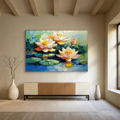“Impasto Lotus Blossoms” - Pink, White, Yellow, Green, Blue, Thick - textured Lotus Flowers on Water - Impasto Oil Painting HB1766