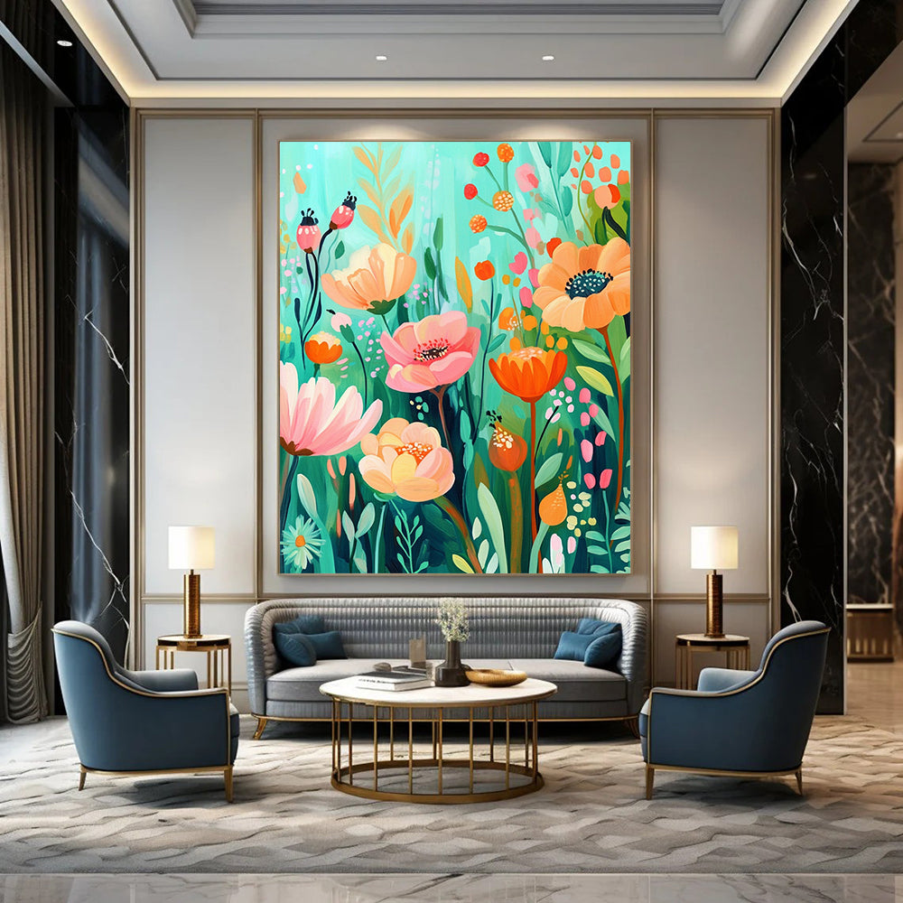 Bold contemporary abstract artwork featuring a whimsical floral garden in vibrant aquamarine and orange hues, ideal for brightening any space. DLZ1573