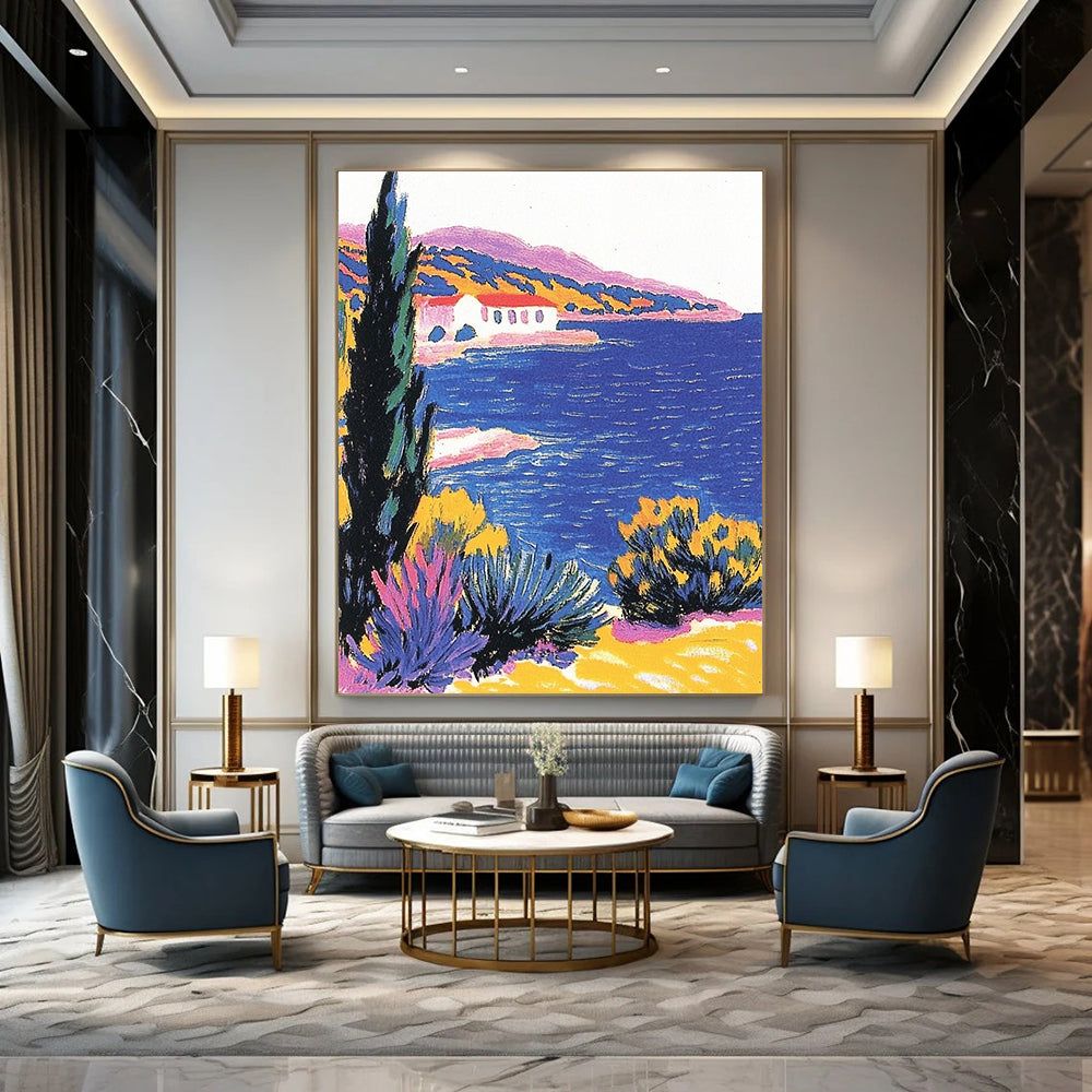 Contemporary hand-painted abstract artwork featuring a beautiful blue sea cypress tree and pastel coastal scenery in a vintage postcard style. DLZ1266