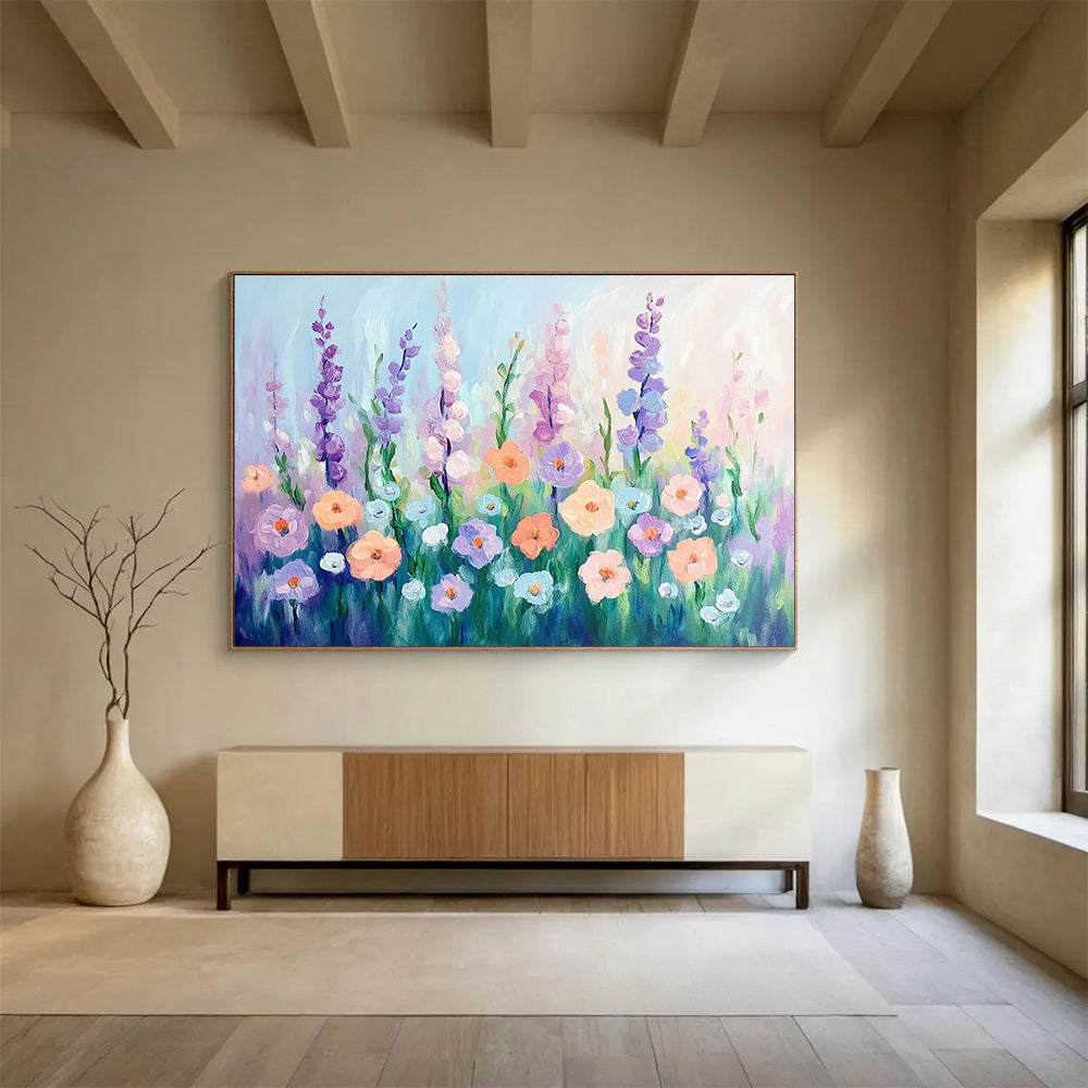 “Pastel Flower Meadow” - Soft lavender, peach, blue flowers, Impressionist Floral Painting On Canvas HB0580