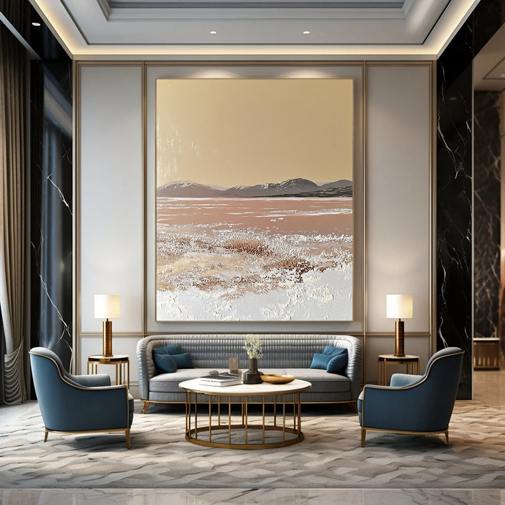 Contemporary hand-painted abstract artwork featuring a textured beige canvas with soft edges and gentle color transitions, inspired by a vast desert landscape. DLZ1487