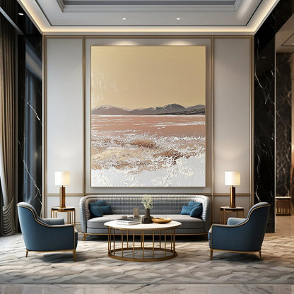 Contemporary hand-painted abstract artwork featuring a textured beige canvas with soft edges and gentle color transitions, inspired by a vast desert landscape. DLZ1487