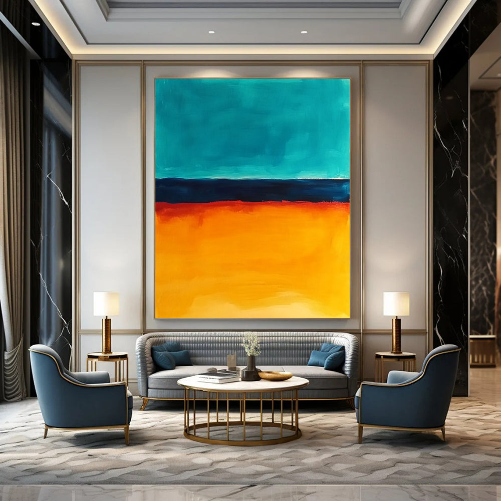 Contemporary abstract painting features vibrant orange and teal hues capturing the ocean at sunset in a captivating visual experience. DLZ1386