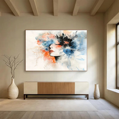 “Dreamy Floral Portrait” - Blue, Orange, Floral, Portrait Painting On Canvas HB0759