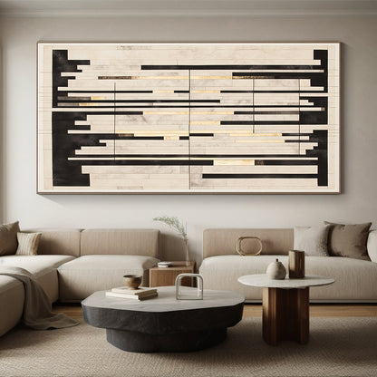 Black, White, Gray, Gold, Vertical Rectangles "Gilded Grid Symphony" Abstract Constructivist - Inspired Painting On Canvas HB121