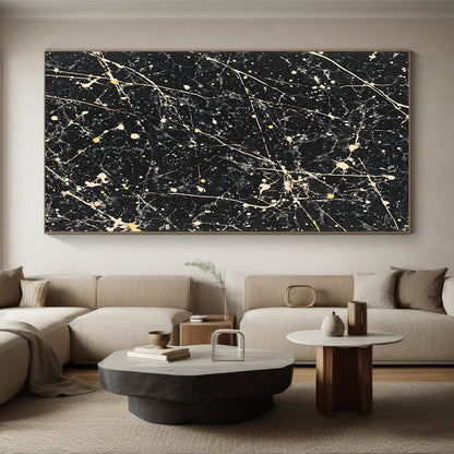 Black, White, Yellow, Marbled Patterns "Starry Night Marble" Abstract Modernist Painting On Canvas HB049