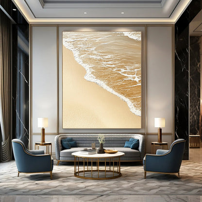 Contemporary abstract artwork capturing the serene meeting of sand and water, evoking tranquility with soothing beige and white tones. DLZ1211