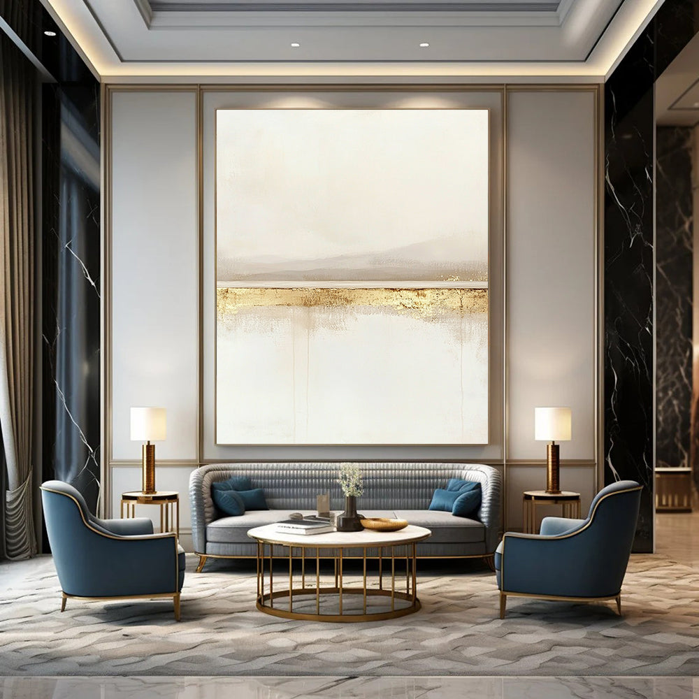 Large contemporary abstract painting featuring a serene horizon line in soft whites and beiges with subtle gold accents for a tranquil feel. DLZ1323