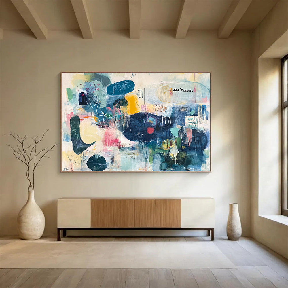 “Colorful Chaos with Text” - Multicolor, Abstract Forms, “don't care” Text - Contemporary Mixed - Media Acrylic Painting HB1550