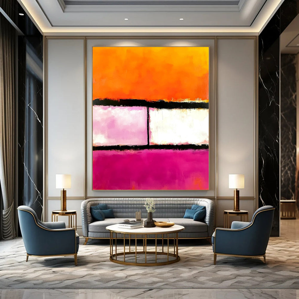 Contemporary hand-painted abstract art featuring pink orange and white hues with two striking black lines in the center. DLZ1441
