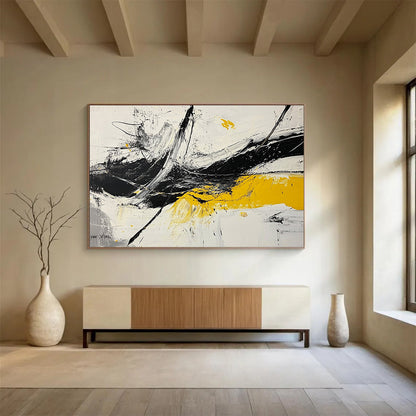 “Dynamic Splashes” - Black, White, Yellow, Abstract Expressionist Painting On Canvas HB1045