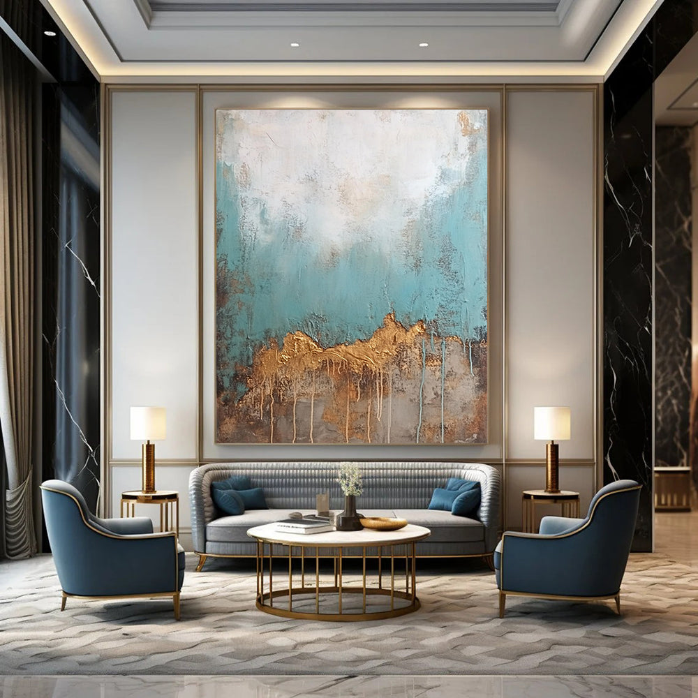 Contemporary hand-painted abstract art featuring an old textured wall with peeling teal and brown paint contrasted by a clean white top with golden drips. DLZ0905