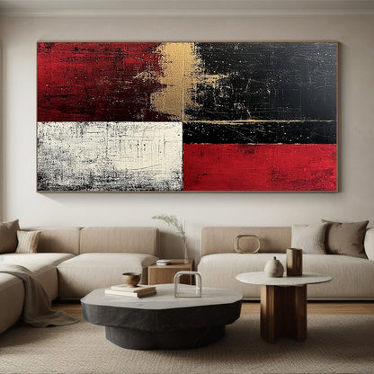Black, Red, White, Gold, Geometric Blocks "Rustic Drama" Abstract Painting On Canvas HB039