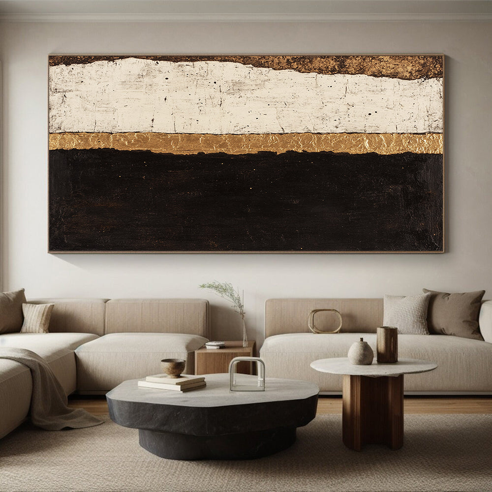 Black, White, Gold, Textured Stripes "Gilded Divide" Abstract Minimalist Painting On Canvas HB082