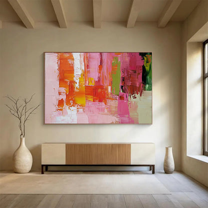 “Vibrant Urban Patchwork” - Pink, Orange, Yellow, Green, Abstract Cityscape - like Blocks Painting On Canvas HB1076
