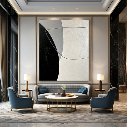 Contemporary abstract painting features bold black and white lines with smooth curves against a large gray background, showcasing minimalist geometric shapes and high contrast lighting. DLZ1654